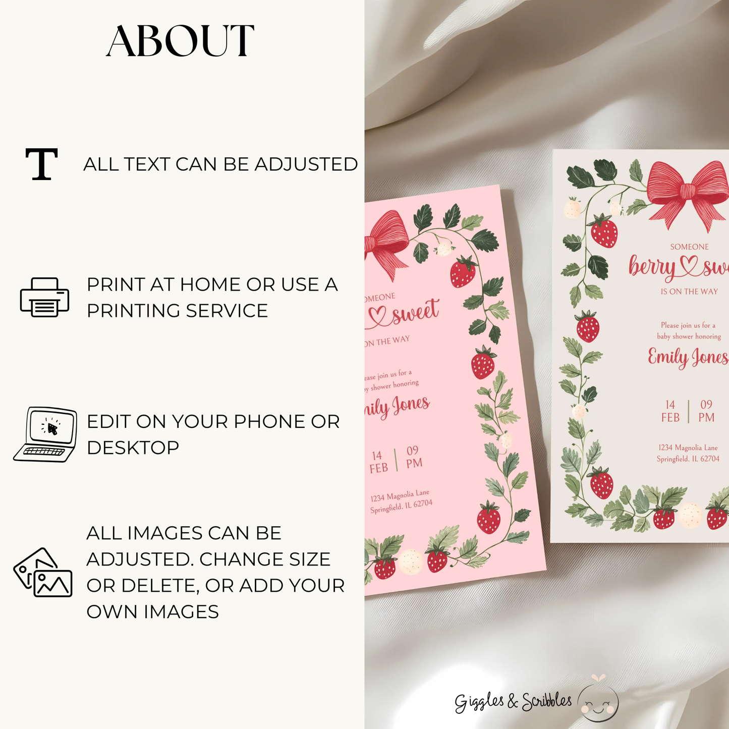 Baby Shower Invitation Bundle - Pink Strawberry Berry Sweet Vintage Floral BS63