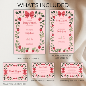 Baby Shower Invitation Bundle - Pink Strawberry Berry Sweet Vintage Floral BS63