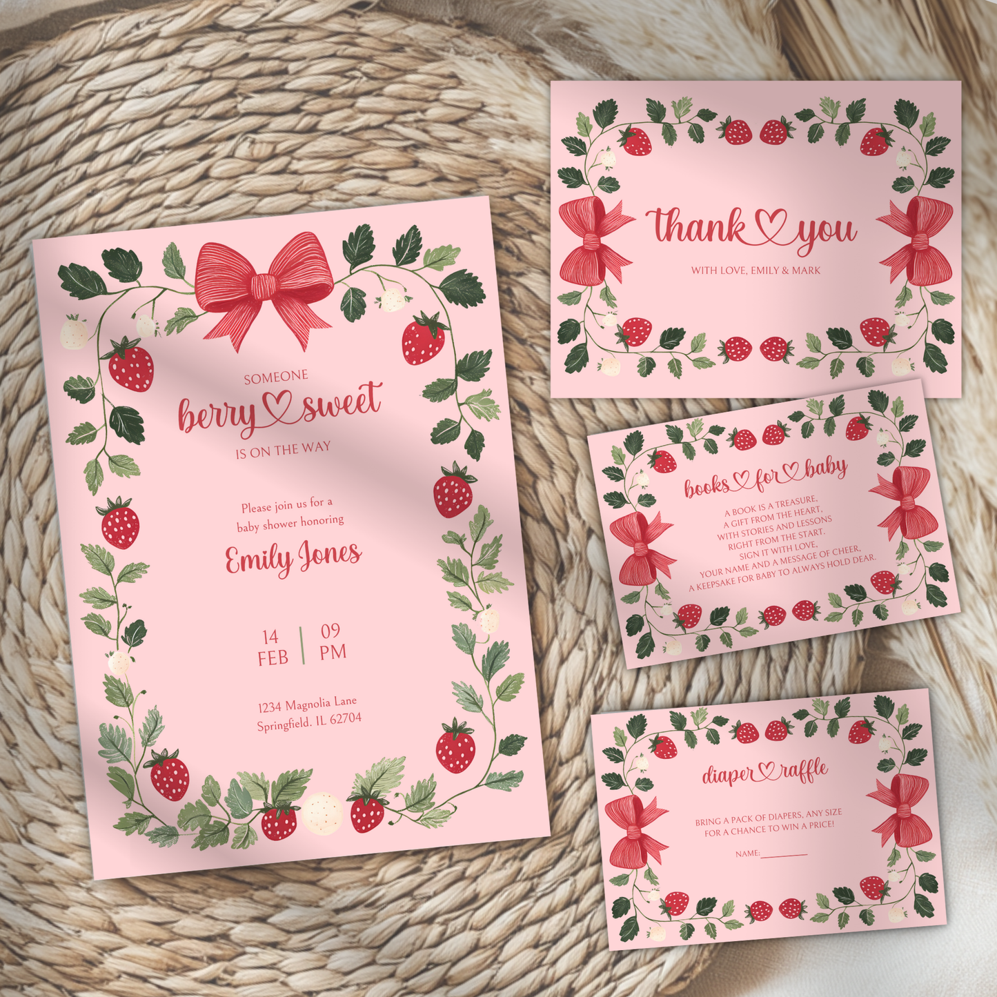 Baby Shower Invitation Bundle - Pink Strawberry Berry Sweet Vintage Floral BS63