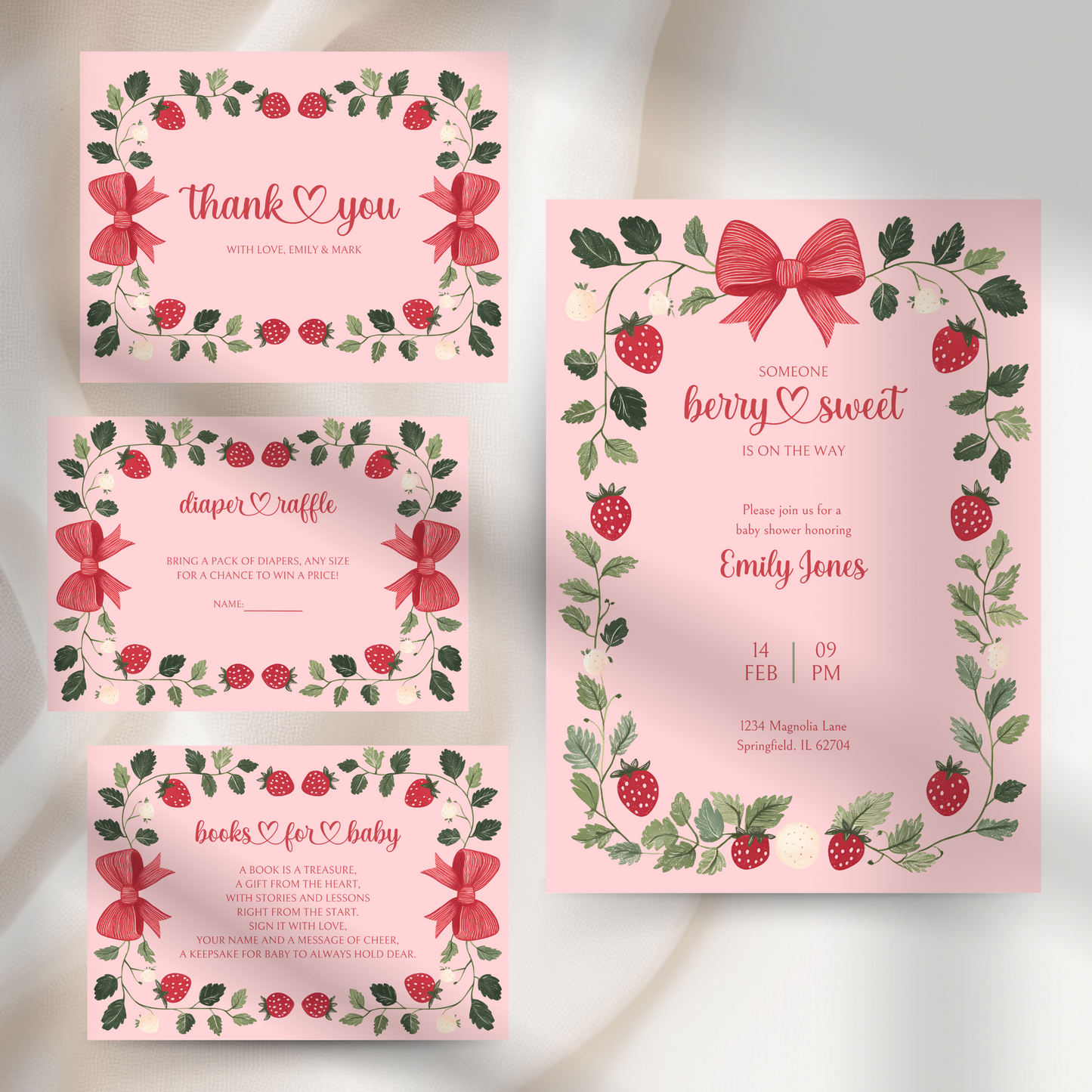 Baby Shower Invitation Bundle - Pink Strawberry Berry Sweet Vintage Floral BS63