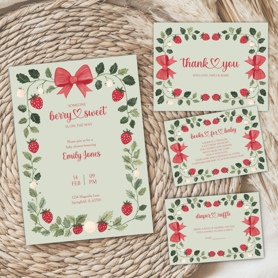 Baby Shower Invitation Bundle - Green Strawberry Berry Sweet Vintage Floral BS63