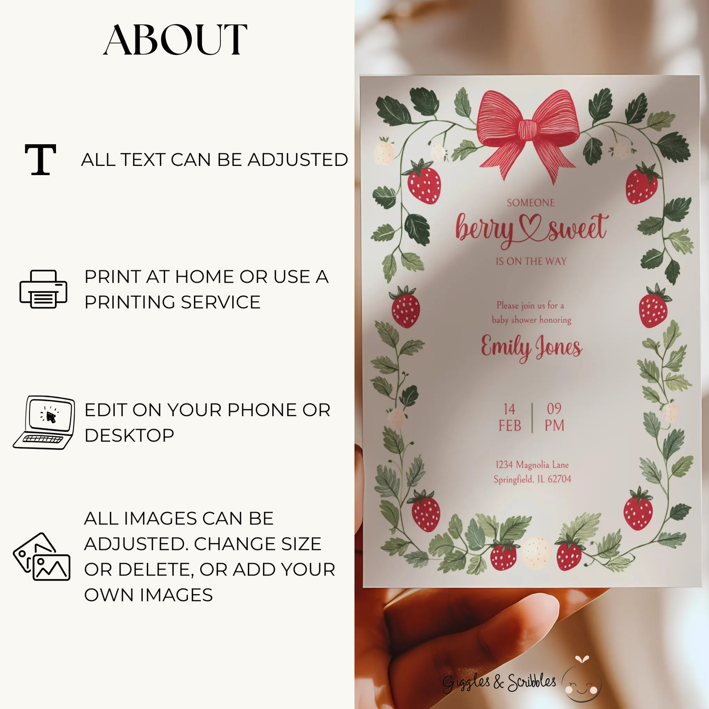 Baby Shower Invitation Bundle - Beige Strawberry Berry Sweet Vintage Floral BS63