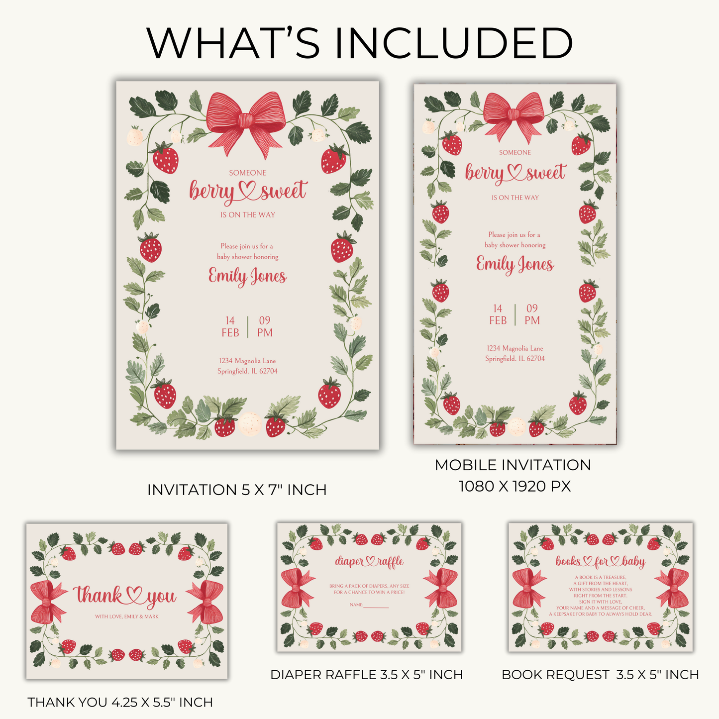 Baby Shower Invitation Bundle - Beige Strawberry Berry Sweet Vintage Floral BS63