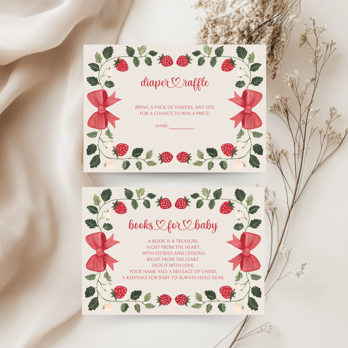Baby Shower Invitation Bundle - Beige Strawberry Berry Sweet Vintage Floral BS63