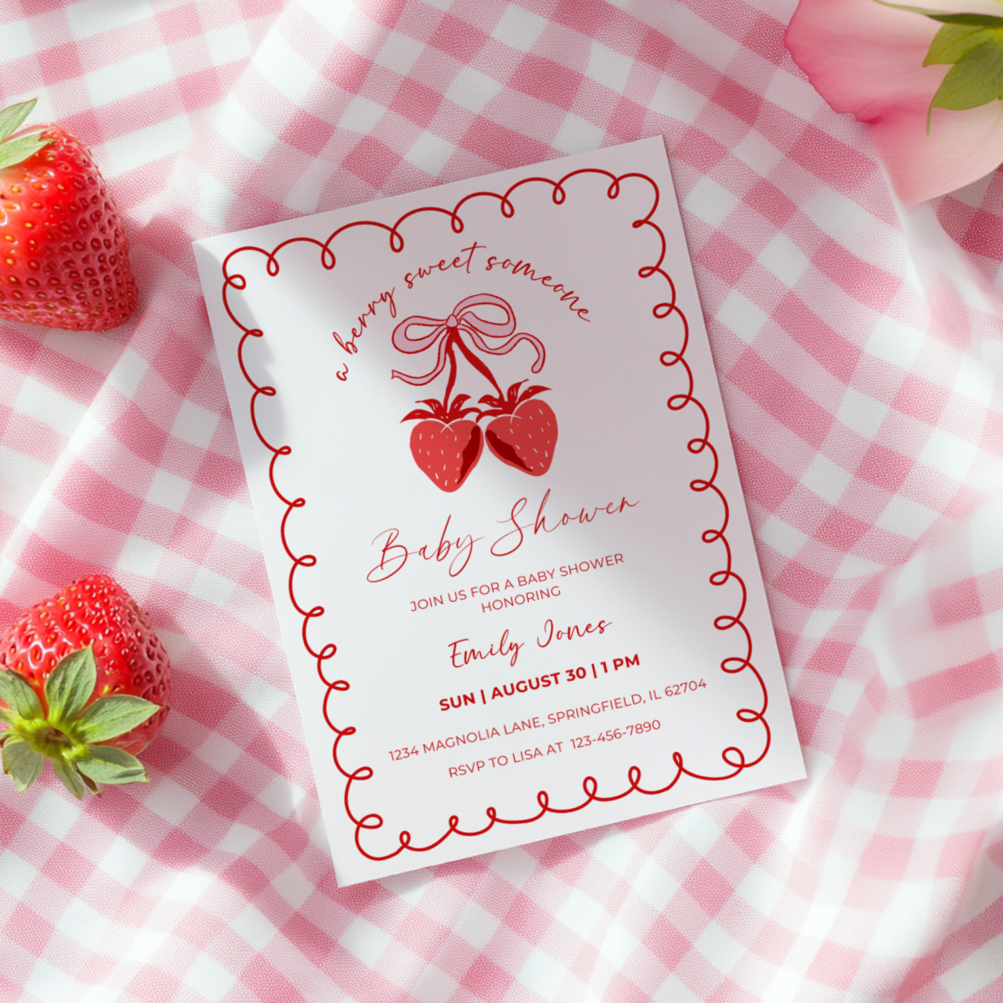 Baby Shower Invitation Bundle - Minimalistic Strawberry Berry Sweet Grandmillennial Coquette White BS151