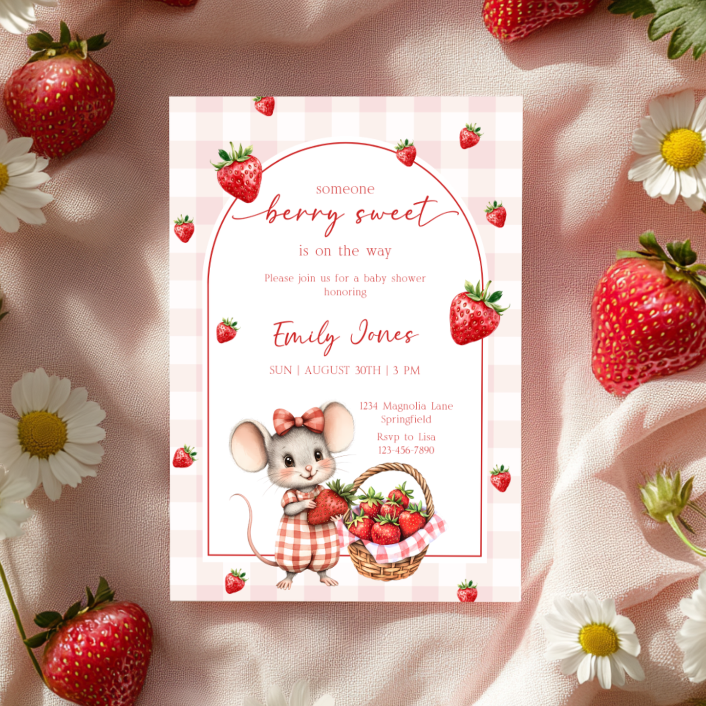 Baby Shower Invitation - Strawberry Mouse Berry Sweet Fruit BS138