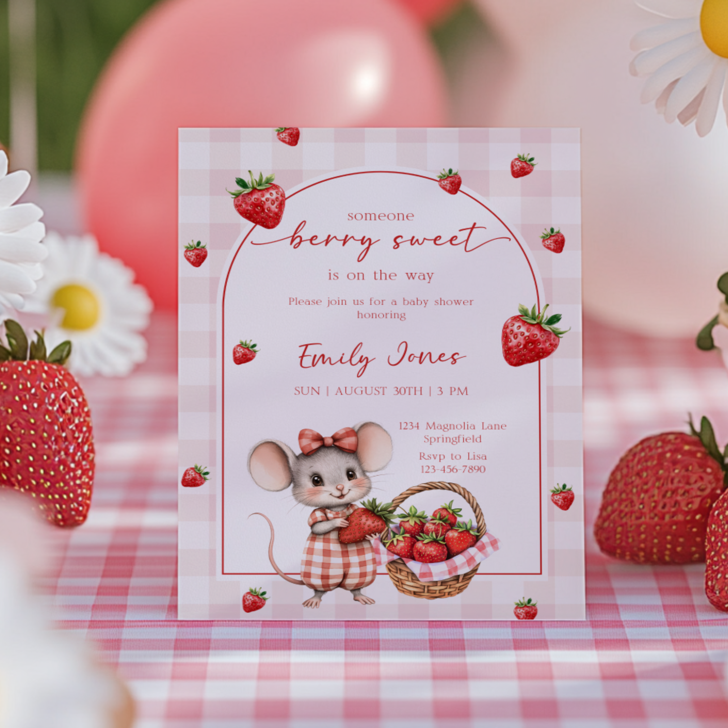 Baby Shower Invitation - Strawberry Mouse Berry Sweet Fruit BS138
