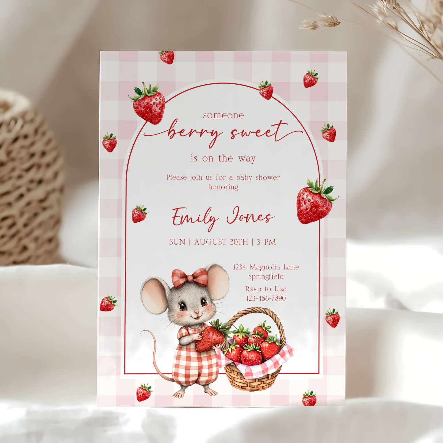 Baby Shower Invitation - Strawberry Mouse Berry Sweet Fruit BS138