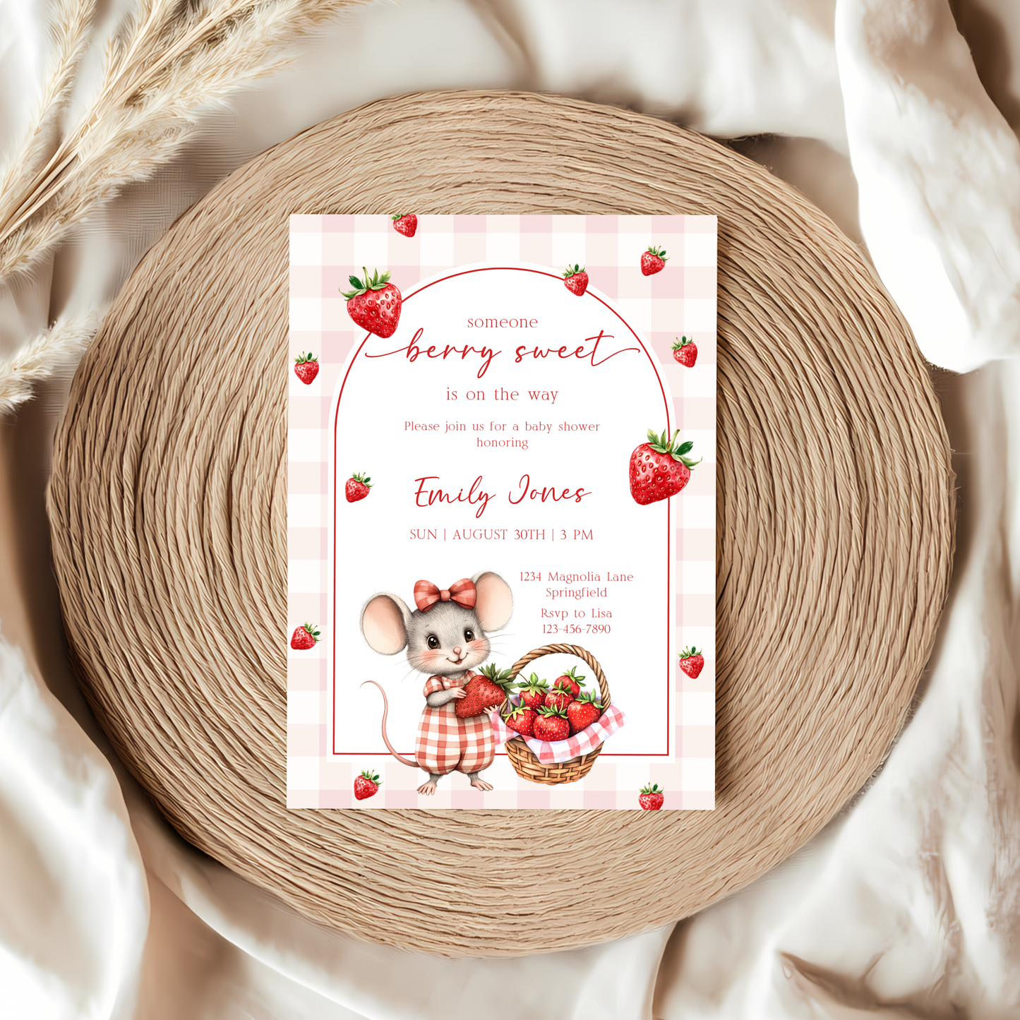 Baby Shower Invitation - Strawberry Mouse Berry Sweet Fruit BS138