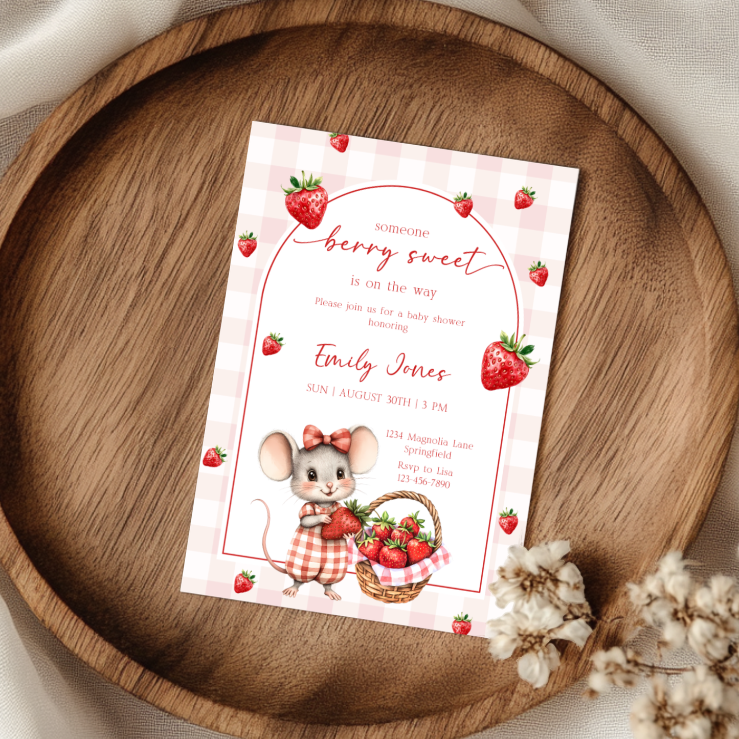 Baby Shower Invitation - Strawberry Mouse Berry Sweet Fruit BS138