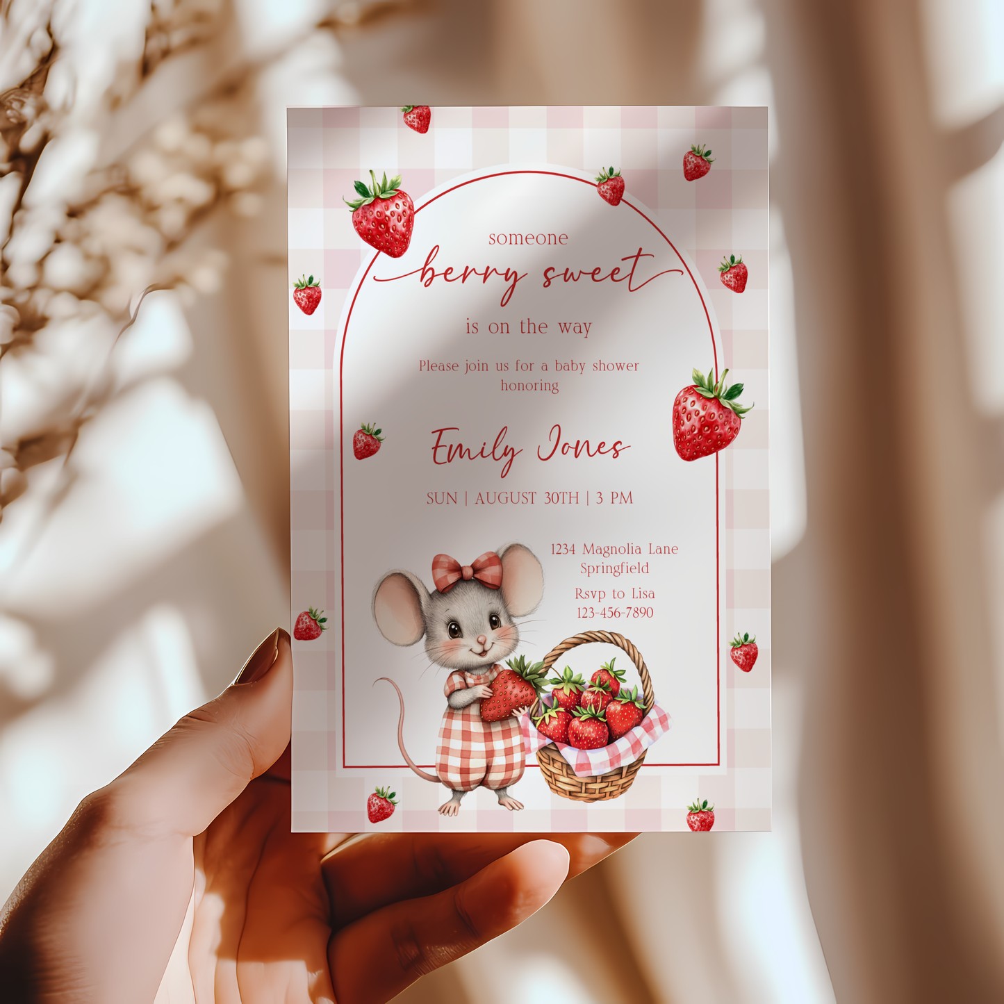 Baby Shower Invitation - Strawberry Mouse Berry Sweet Fruit BS138