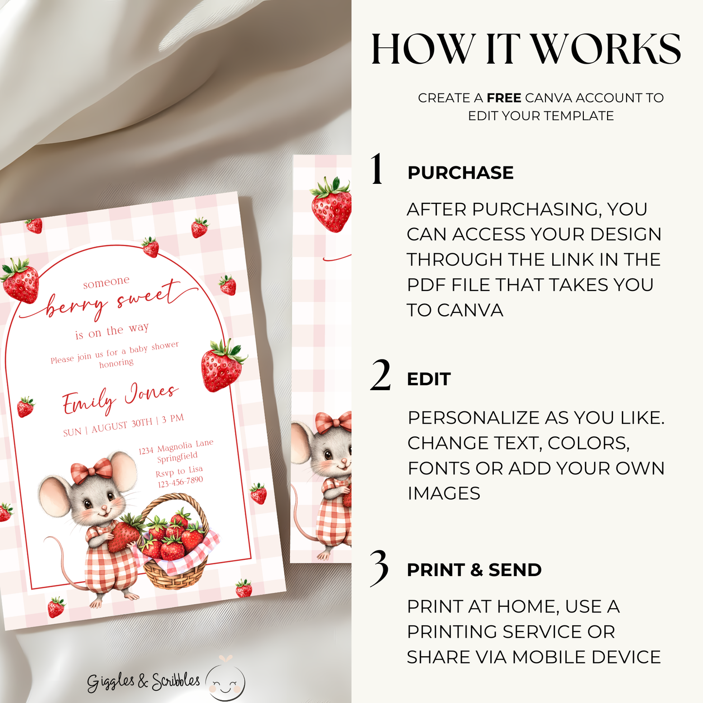 Baby Shower Invitation - Strawberry Mouse Berry Sweet Fruit BS138