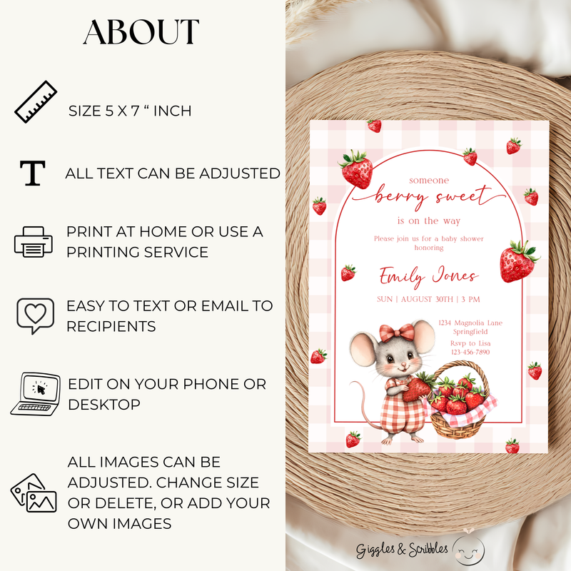 Baby Shower Invitation - Strawberry Mouse Berry Sweet Fruit BS138
