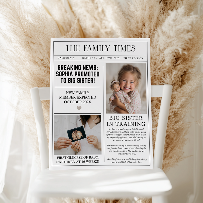 Editable Big Sister Newspaper Pregnancy Announcement Template NP2