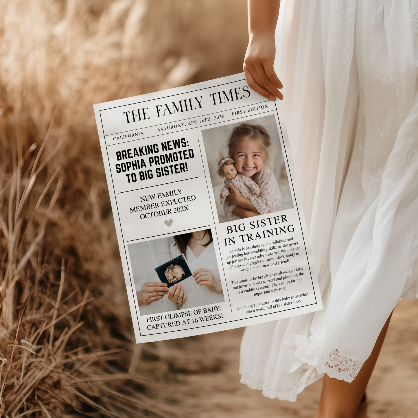 Editable Big Sister Newspaper Pregnancy Announcement Template NP2