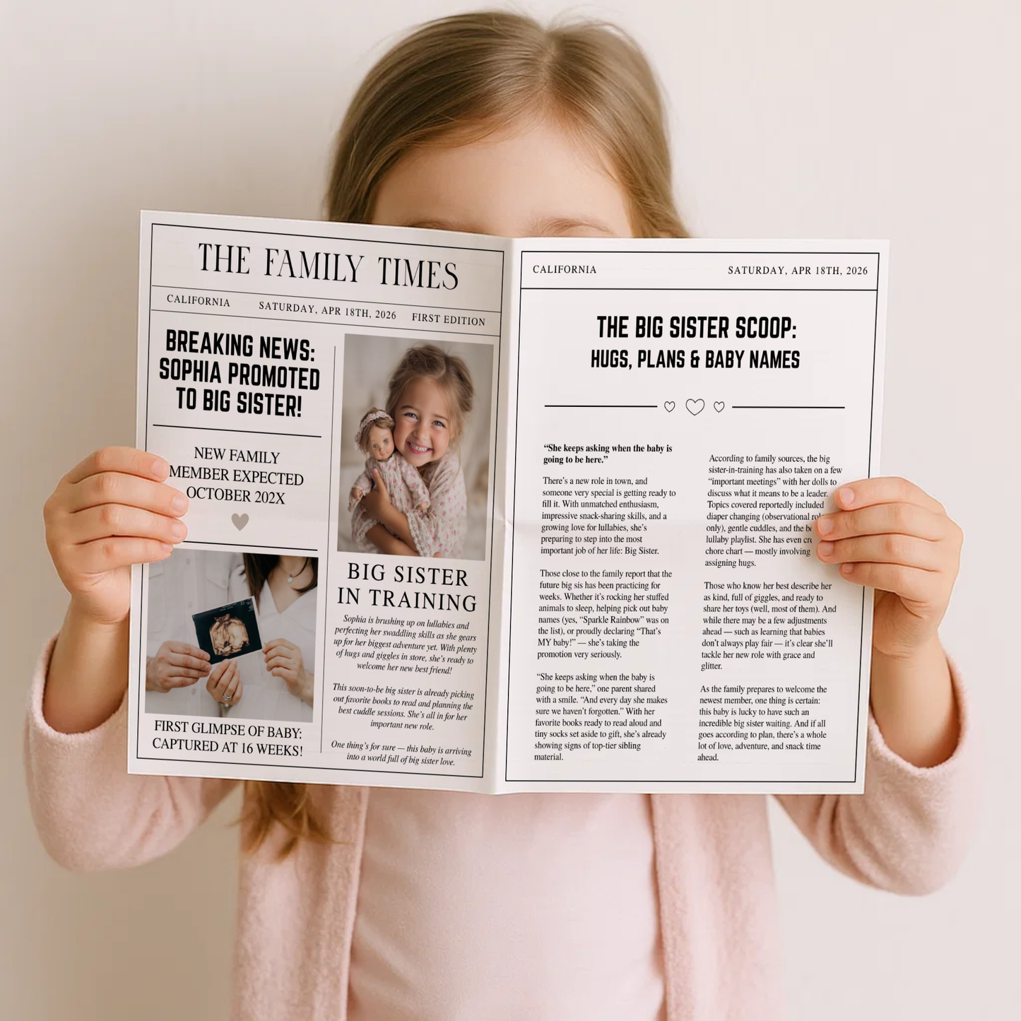 Editable Big Sister Newspaper Pregnancy Announcement Template NP2