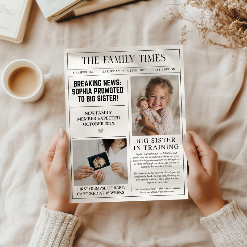 Editable Big Sister Newspaper Pregnancy Announcement Template NP2