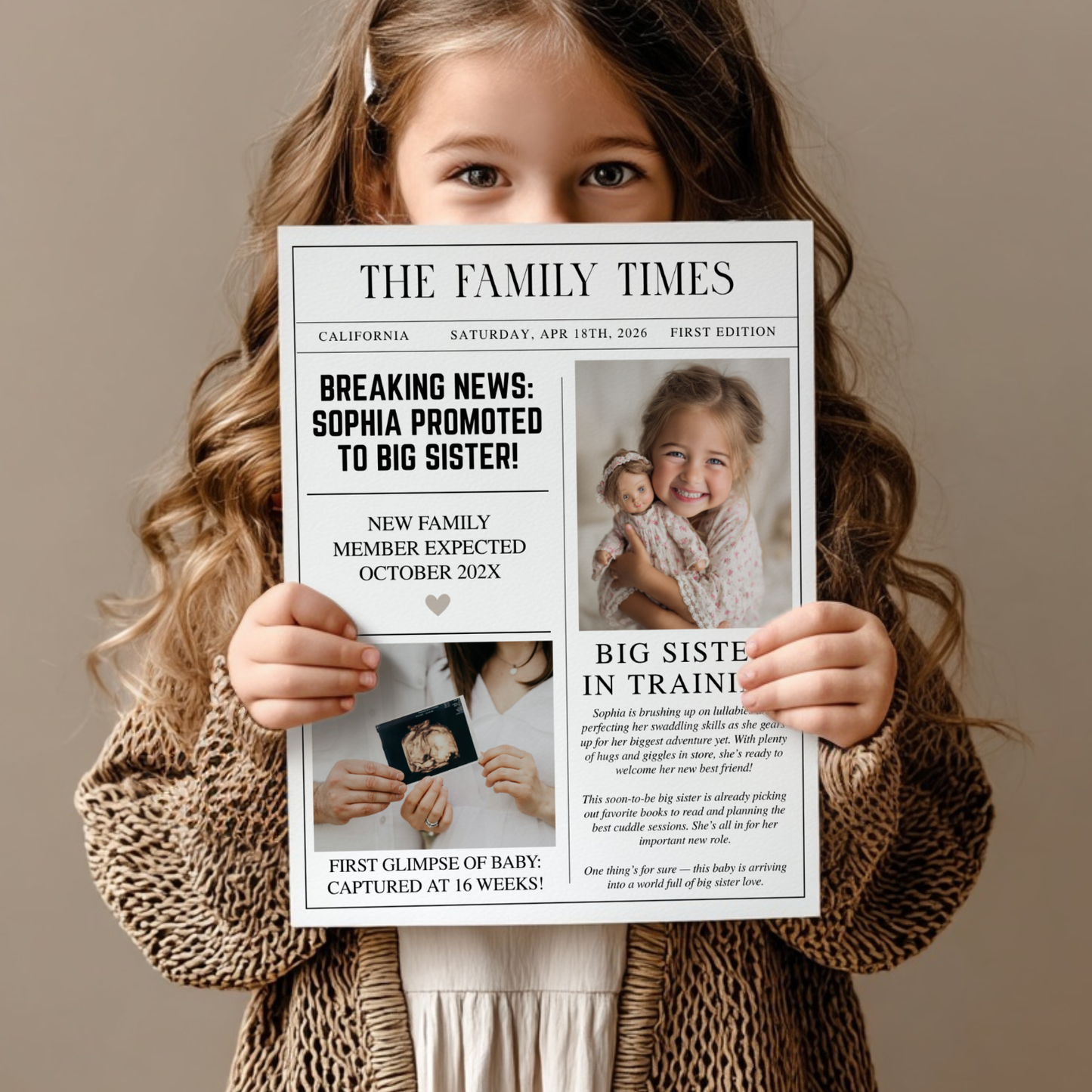 Editable Big Sister Newspaper Pregnancy Announcement Template NP2