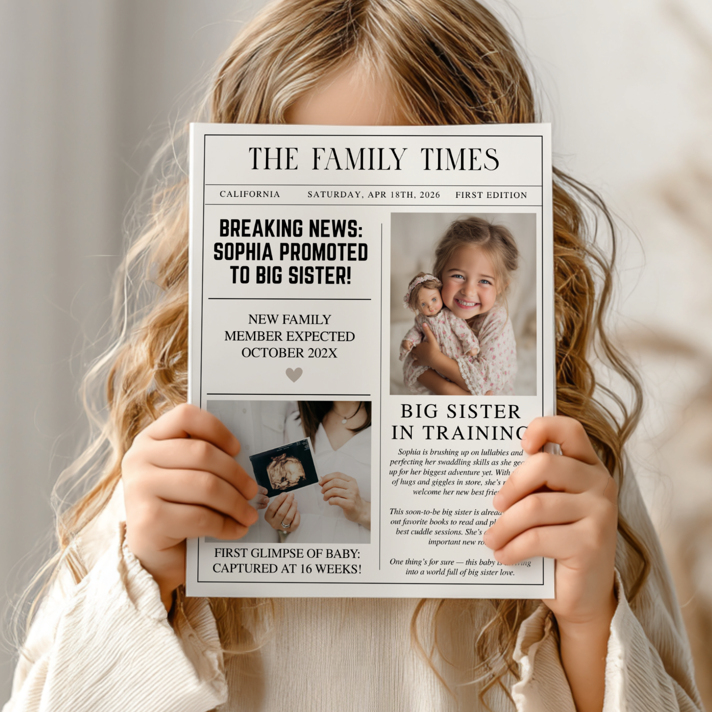 Editable Big Sister Newspaper Pregnancy Announcement Template NP2