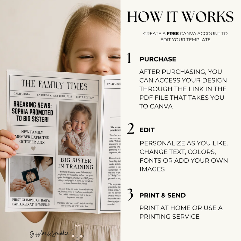 Editable Big Sister Newspaper Pregnancy Announcement Template NP2