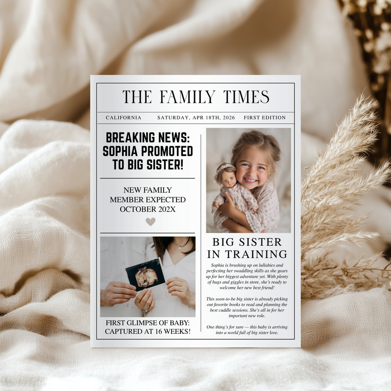 Editable Big Sister Newspaper Pregnancy Announcement Template NP2