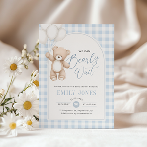 Blue Gingham Bear Baby Shower Invitation - Bearly Wait Theme BS295