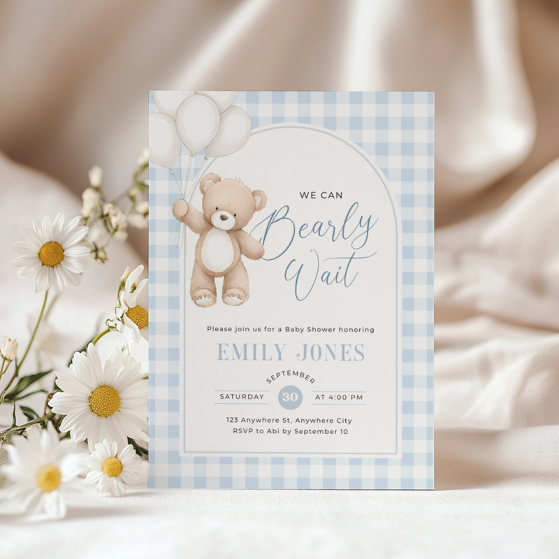Blue Gingham Bear Baby Shower Invitation - Bearly Wait Theme BS295