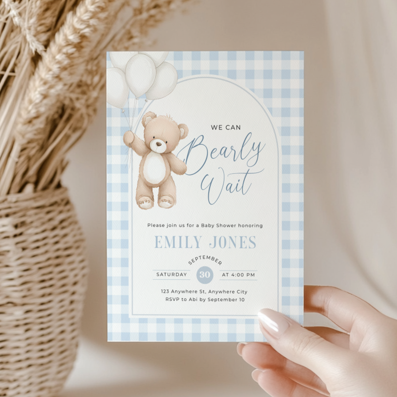 Blue Gingham Bear Baby Shower Invitation - Bearly Wait Theme BS295
