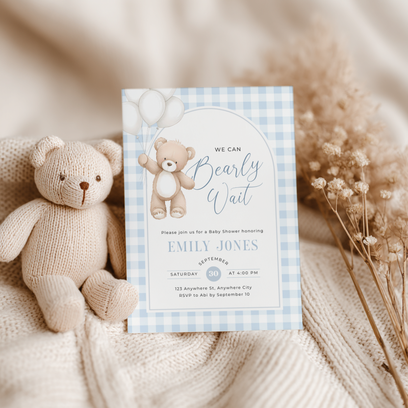 Blue Gingham Bear Baby Shower Invitation - Bearly Wait Theme BS295
