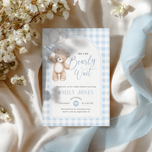 Blue Gingham Bear Baby Shower Invitation - Bearly Wait Theme BS295