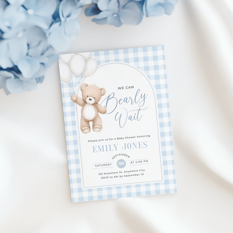 Blue Gingham Bear Baby Shower Invitation - Bearly Wait Theme BS295