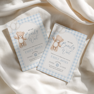 Blue Gingham Bear Baby Shower Invitation - Bearly Wait Theme BS295