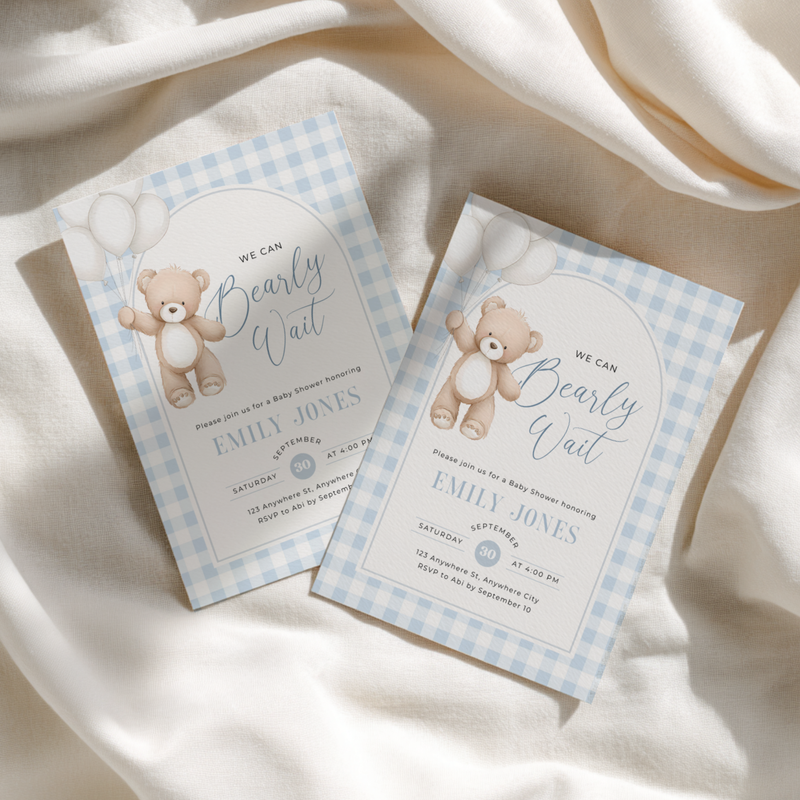 Blue Gingham Bear Baby Shower Invitation - Bearly Wait Theme BS295