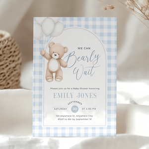 We Can Bearly Wait Blue Baby Shower Invitation Bundle BS295