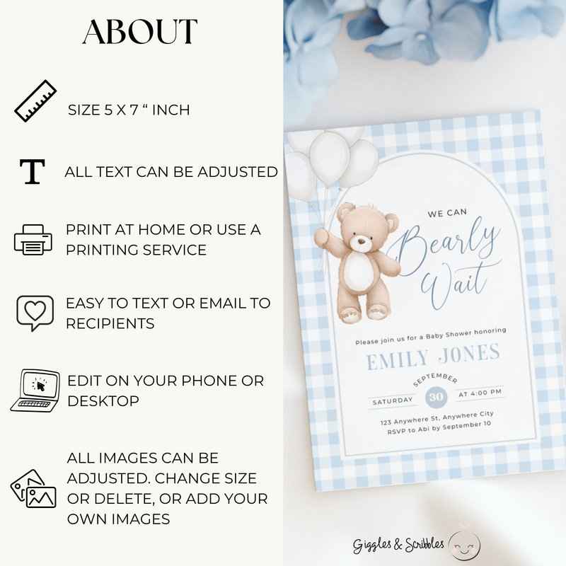 Blue Gingham Bear Baby Shower Invitation - Bearly Wait Theme BS295