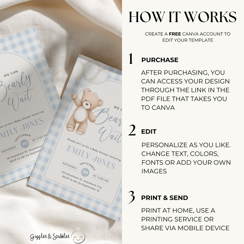 Blue Gingham Bear Baby Shower Invitation - Bearly Wait Theme BS295