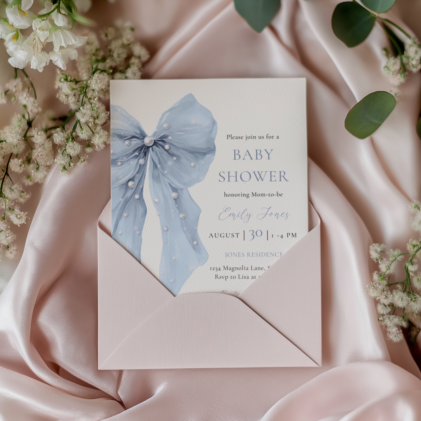 Baby Shower Invitation - Blue Bow Coquette Pearls BS164