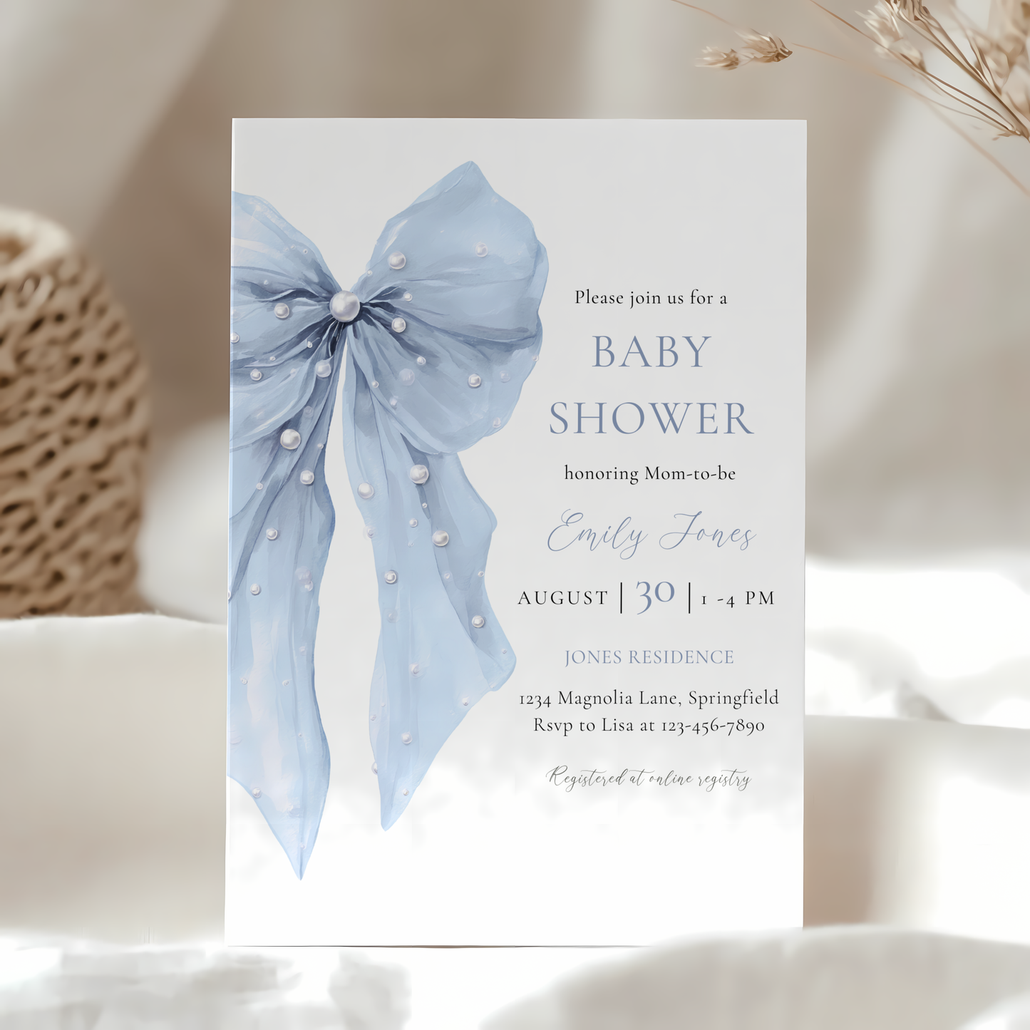Baby Shower Invitation - Blue Bow Coquette Pearls BS164