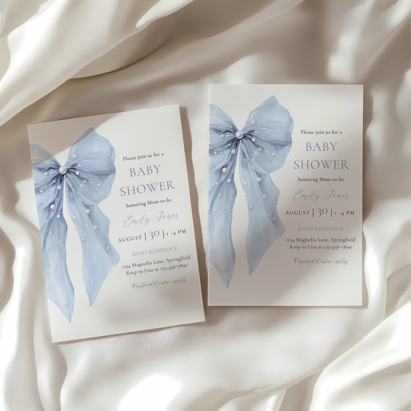 Baby Shower Invitation - Blue Bow Coquette Pearls BS164
