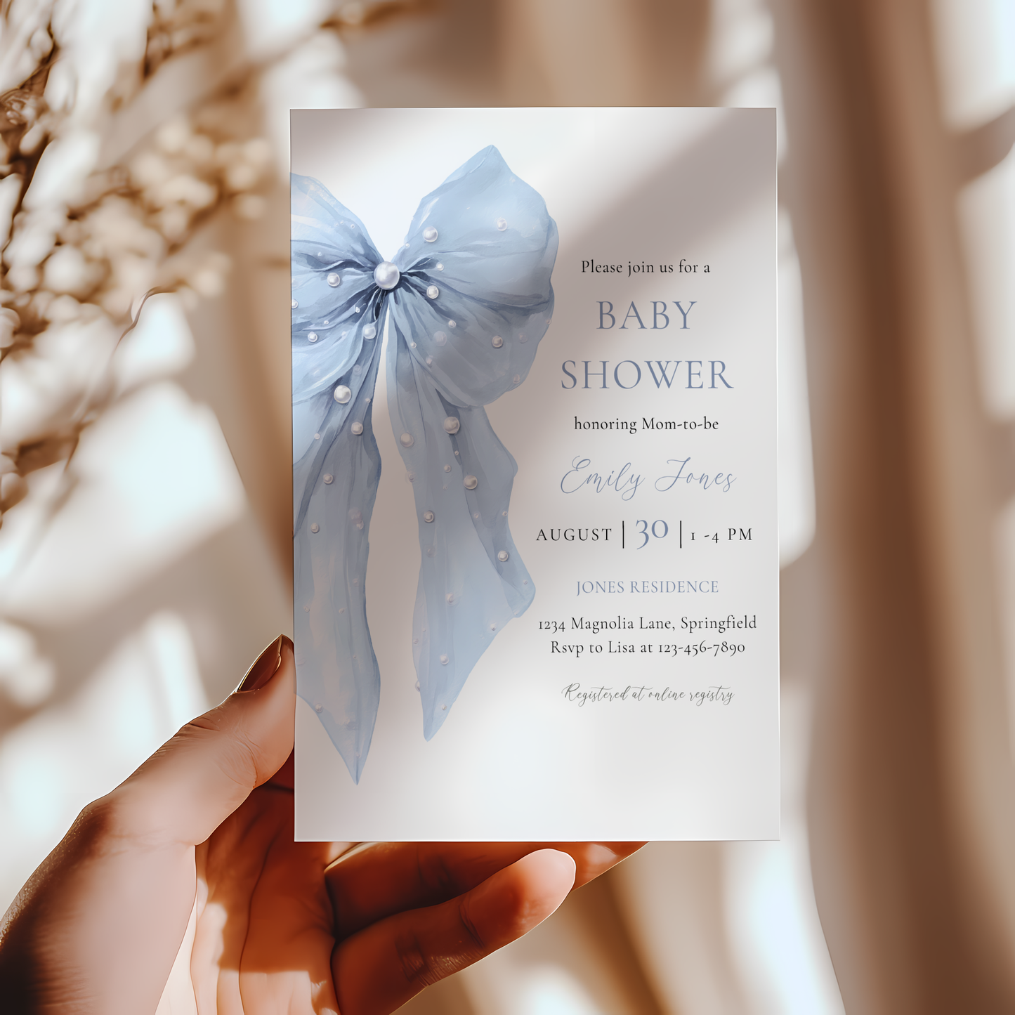 Baby Shower Invitation - Blue Bow Coquette Pearls BS164