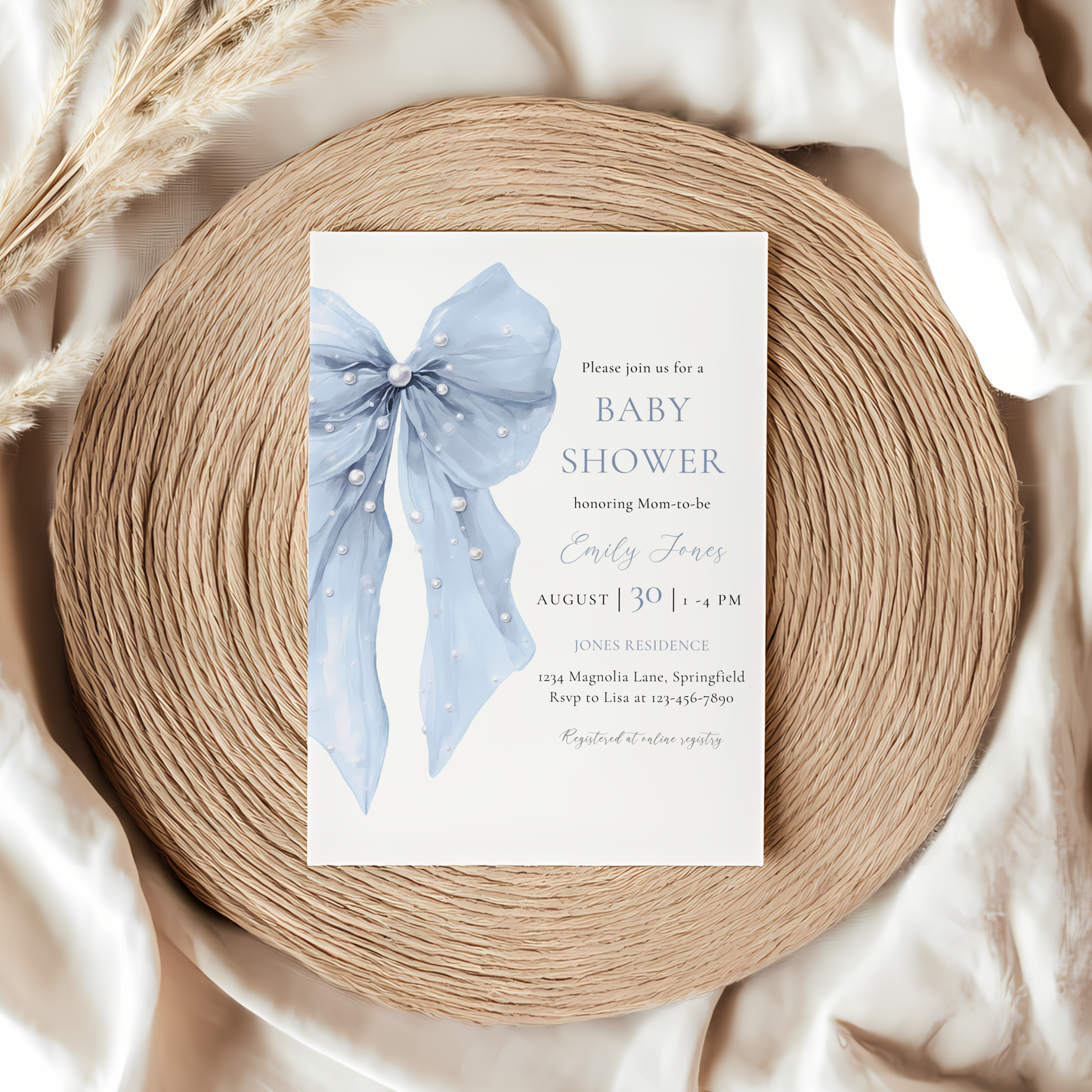 Baby Shower Invitation - Blue Bow Coquette Pearls BS164