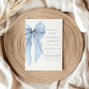 Baby Shower Invitation - Blue Bow Coquette Pearls BS164