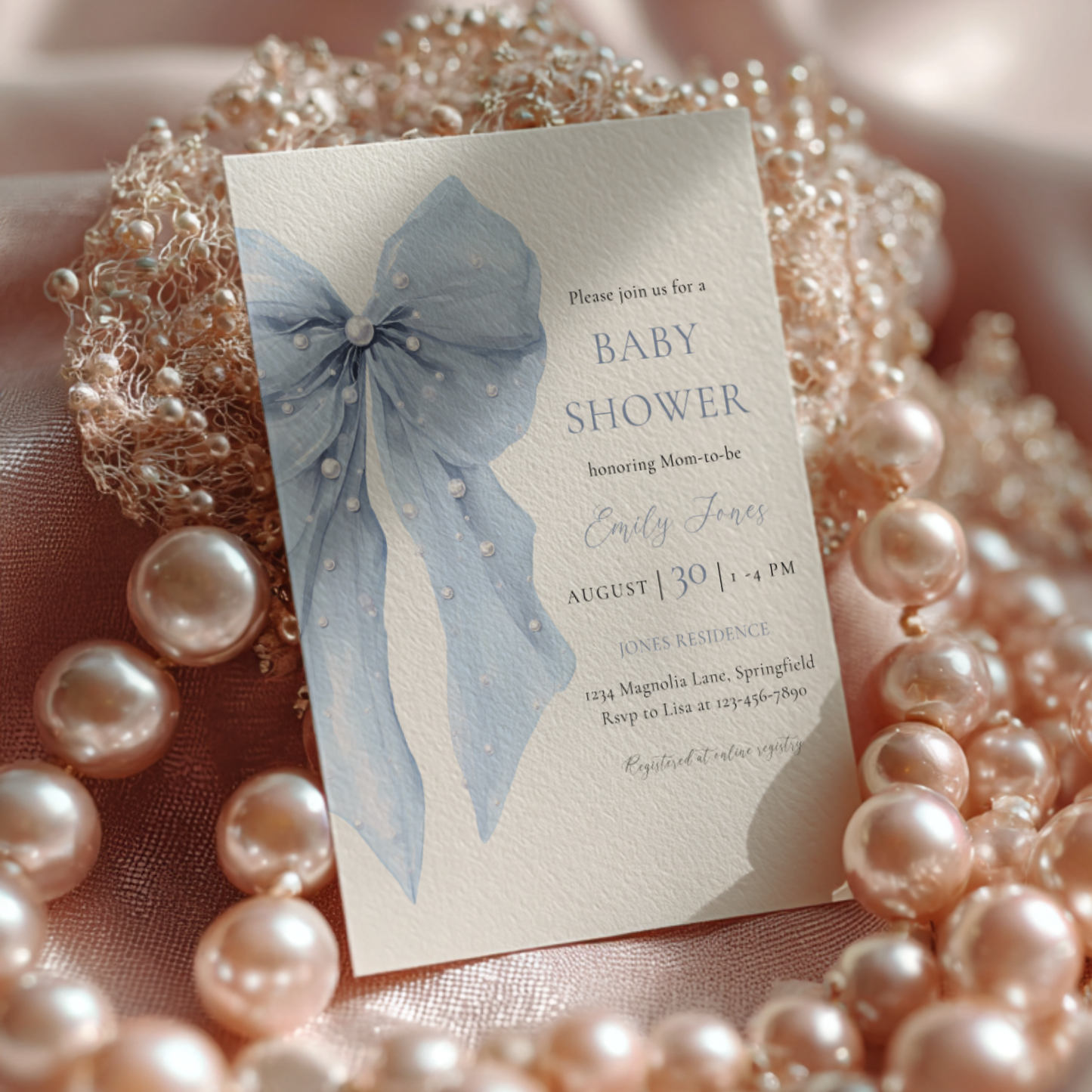 Baby Shower Invitation - Blue Bow Coquette Pearls BS164