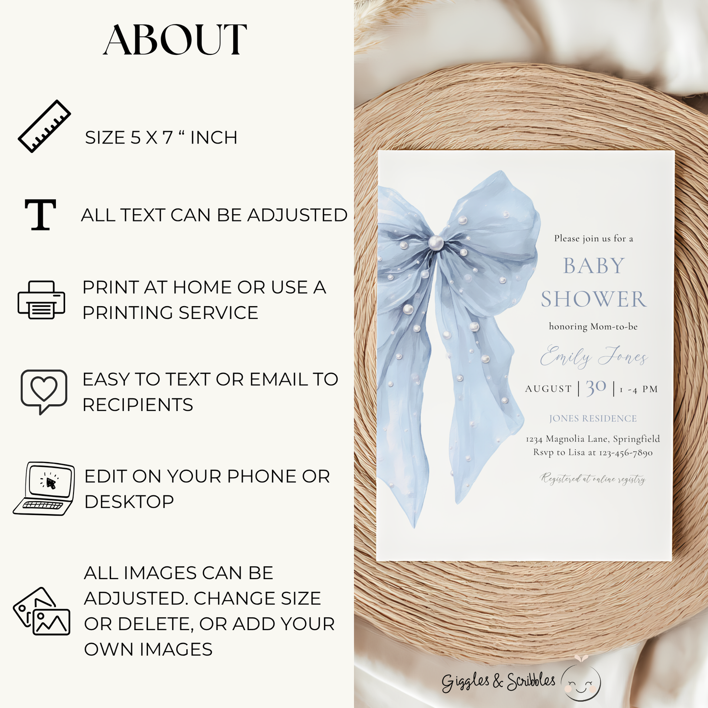 Baby Shower Invitation - Blue Bow Coquette Pearls BS164