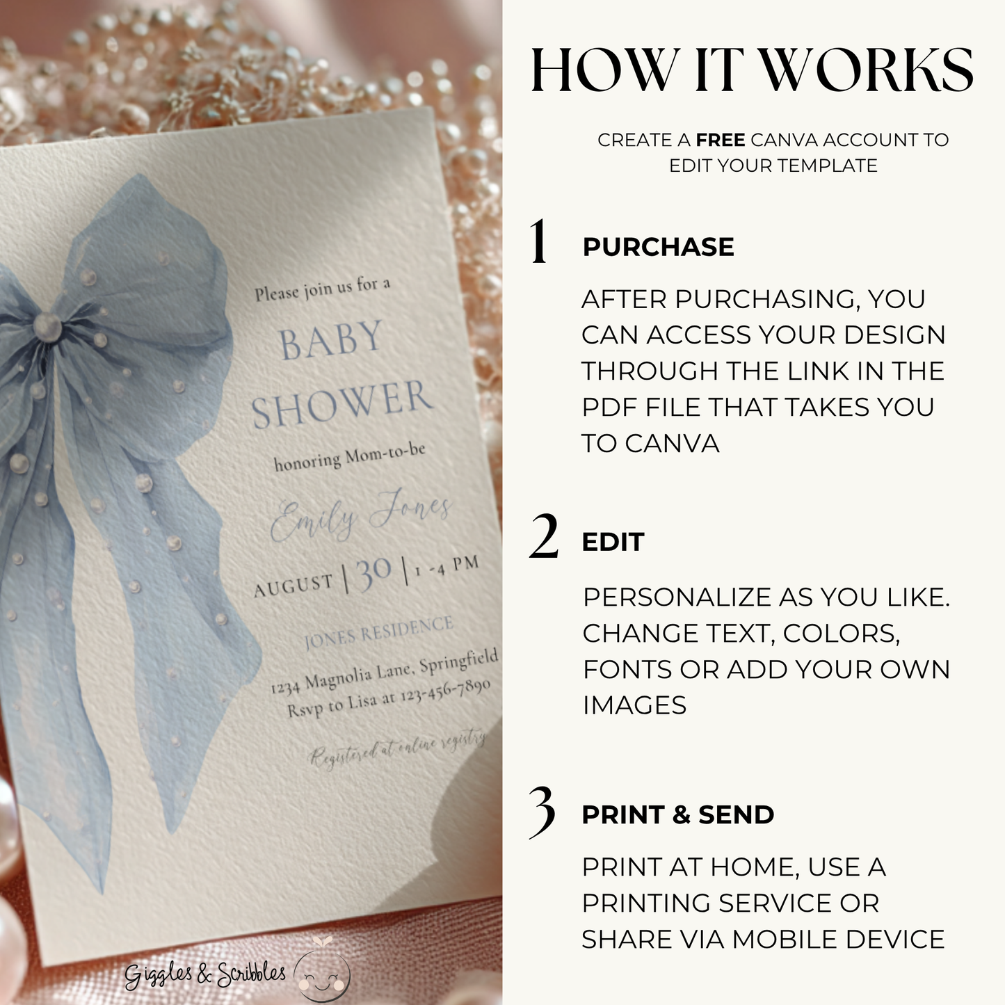 Baby Shower Invitation - Blue Bow Coquette Pearls BS164