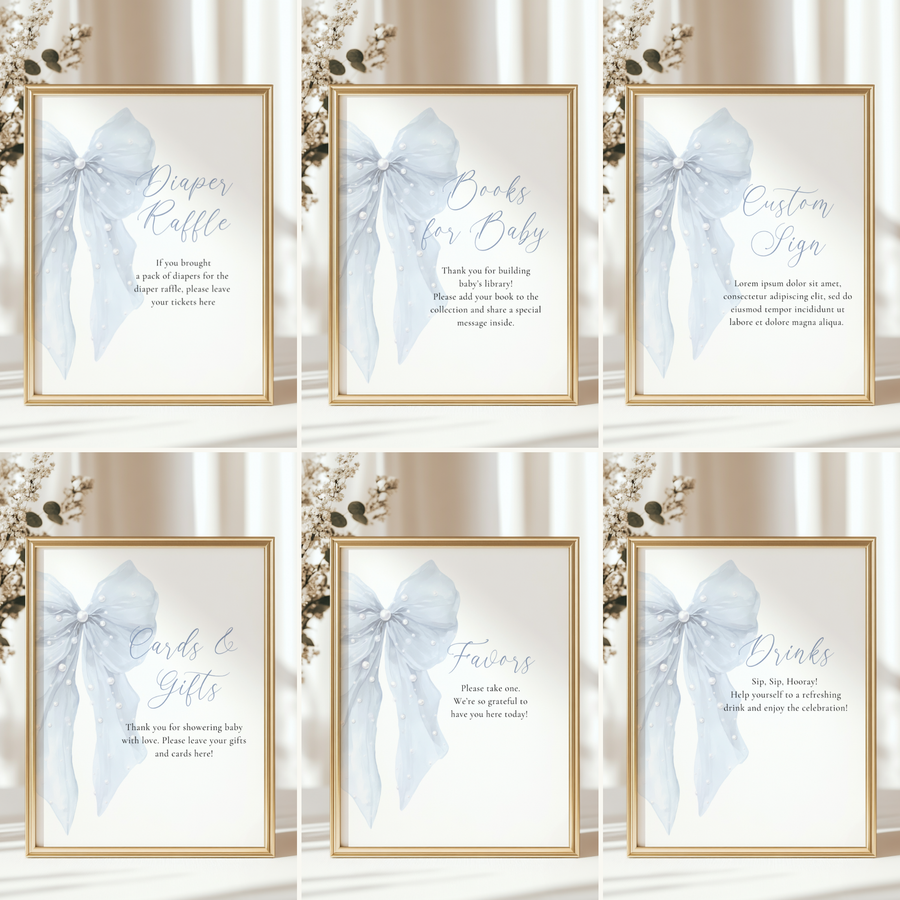 Baby Shower Table Sign Bundle - Blue Bows with Pearls BS164