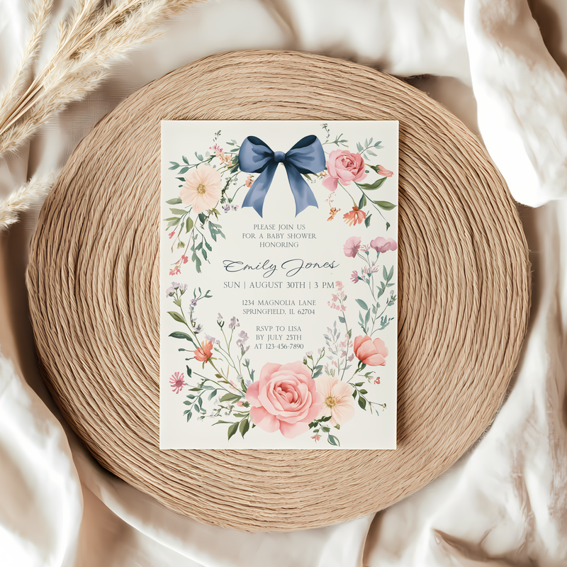 Baby Shower Invitation - Dusty Blue Bow Vintage Floral Elegant BS127