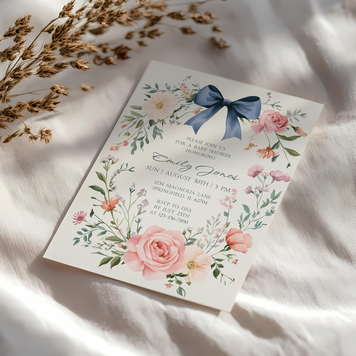Baby Shower Invitation - Dusty Blue Bow Vintage Floral Elegant BS127
