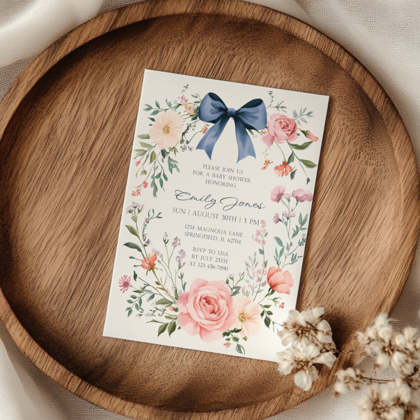 Baby Shower Invitation - Dusty Blue Bow Vintage Floral Elegant BS127