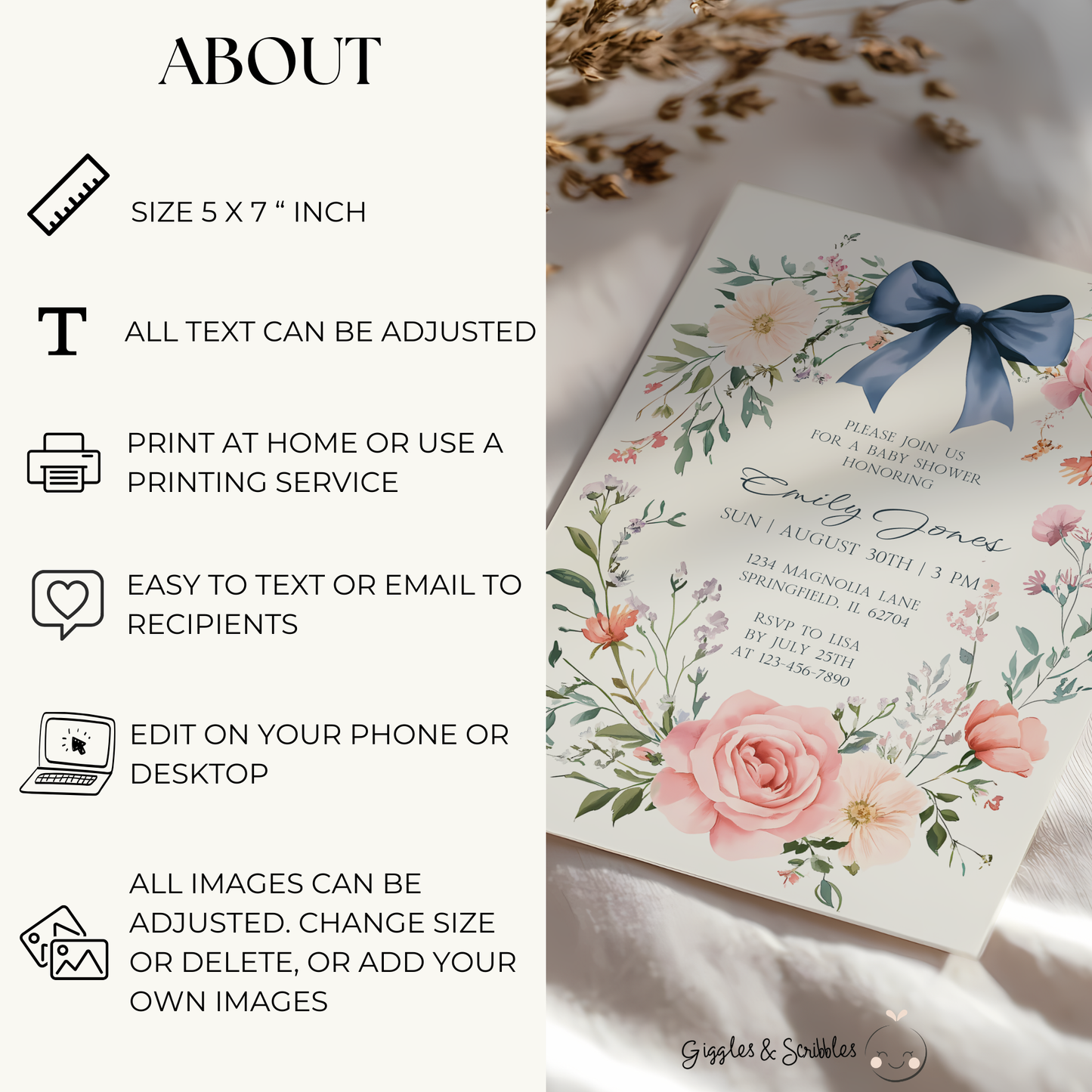 Baby Shower Invitation - Dusty Blue Bow Vintage Floral Elegant BS127